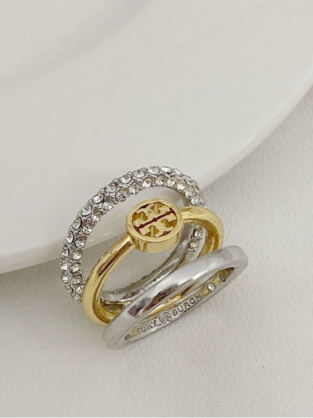 Tory Burch Gold & Silver Logo and Crystal Stackable Ring SIZE8